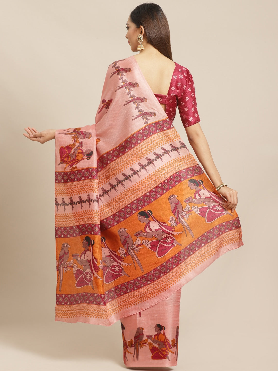 Saree Mall Peach-Coloured & Maroon Warli Print Bhagalpuri Saree