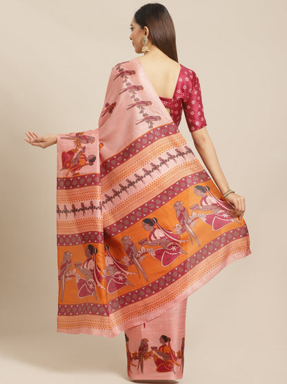 Saree Mall Peach-Coloured & Maroon Warli Print Bhagalpuri Saree