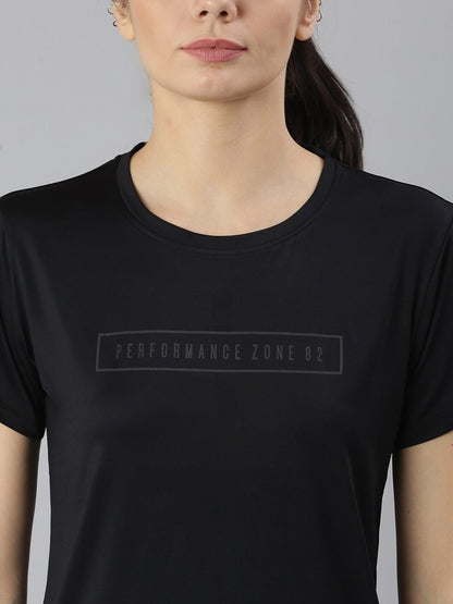 MKH Women Black Typography Dri-FIT Polyester Round Neck Sports T-shirt