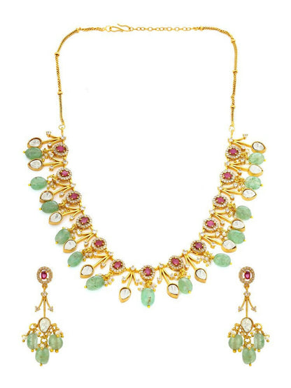 Natural Stones Antique Finish Earrings and Choker Necklace set - Ruby Raang