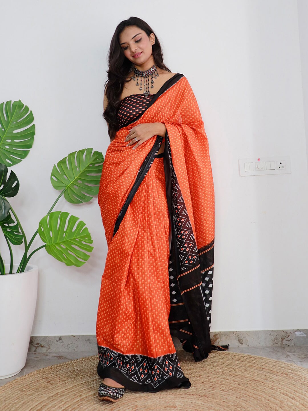 Saree Mall Orange & Black Ethnic Motifs Printed Pure Cotton Sarees