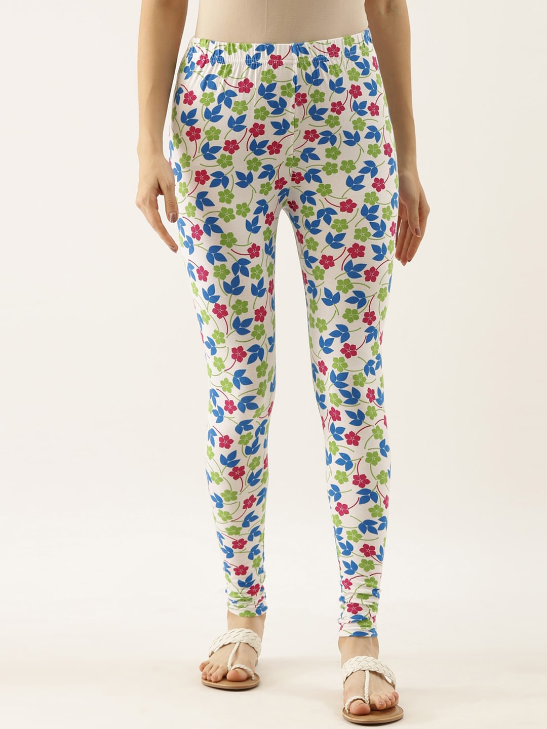 Souchii White & Blue Printed Slim-Fit Ankle-Length Leggings