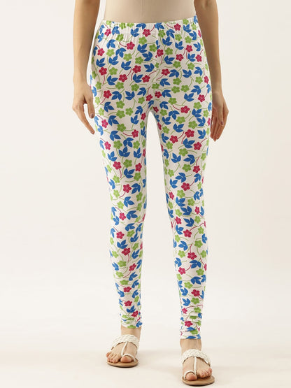 Souchii White & Blue Printed Slim-Fit Ankle-Length Leggings
