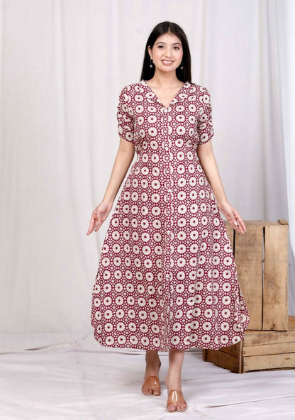 Miravan Women's Cotton Floral Printed Cream A-Line Maxi Dress with Buttons