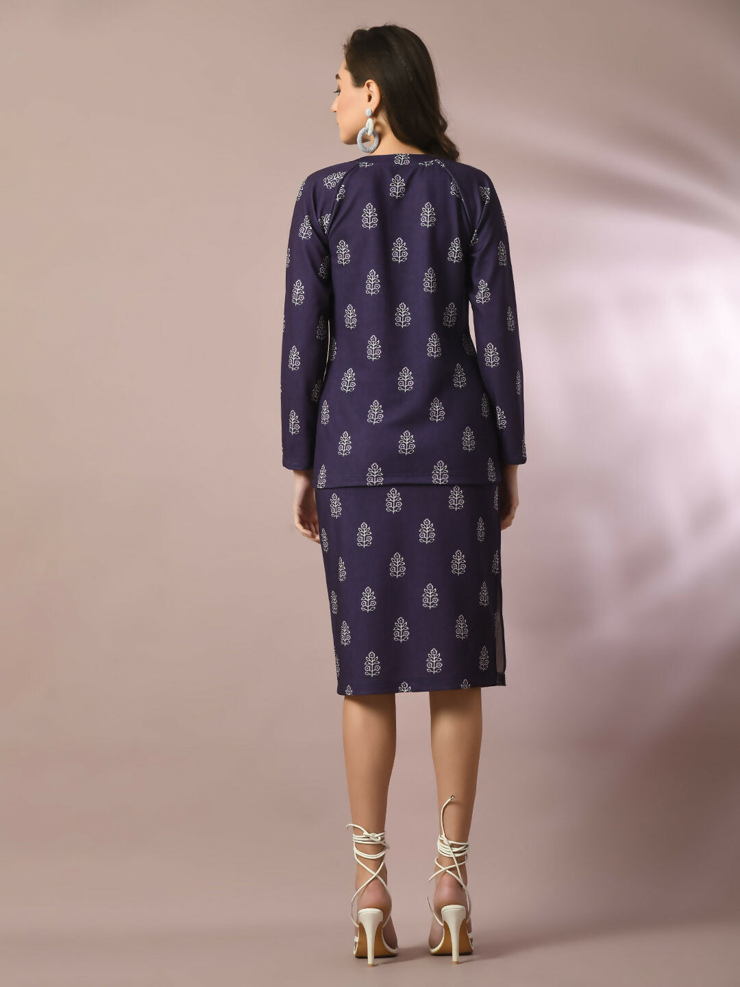 Myshka Women's Navy Blue Printed Round Neck Party Top With Skirt Co-ord set