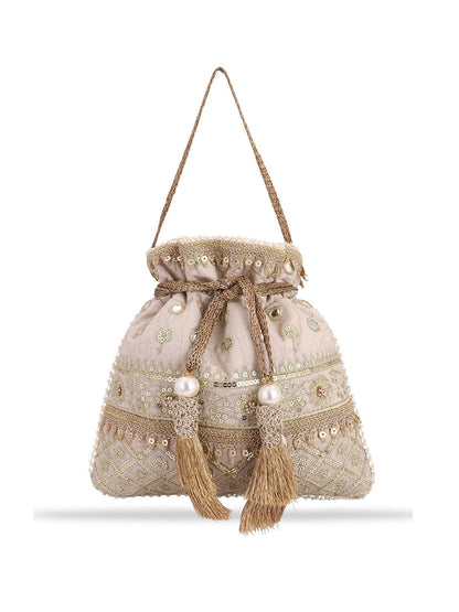 Masq Women Beige & Gold-Toned Embellished Potli