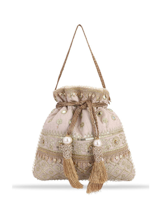 Masq Women Beige & Gold-Toned Embellished Potli