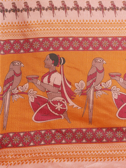 Saree Mall Peach-Coloured & Maroon Warli Print Bhagalpuri Saree