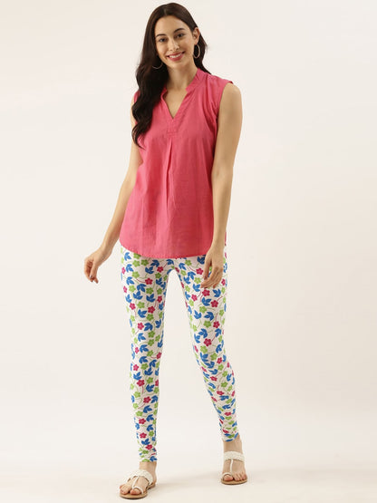 Souchii White & Blue Printed Slim-Fit Ankle-Length Leggings