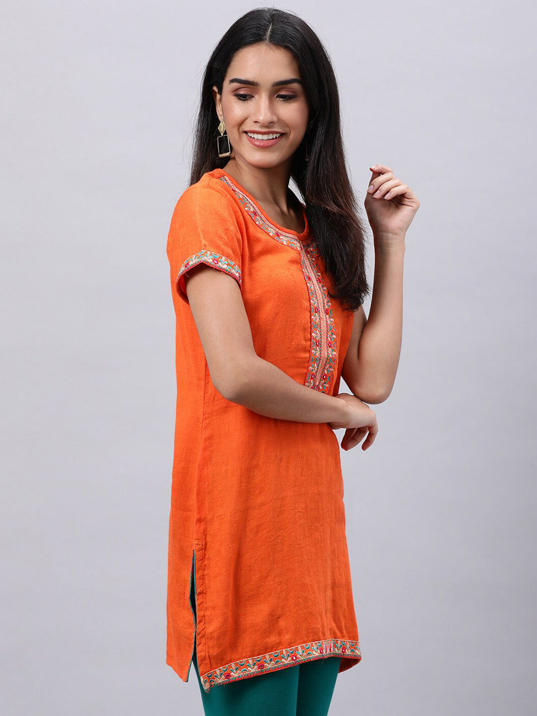 Souchii Orange Floral Embroidered Mirror Work Mirror Work Kurti