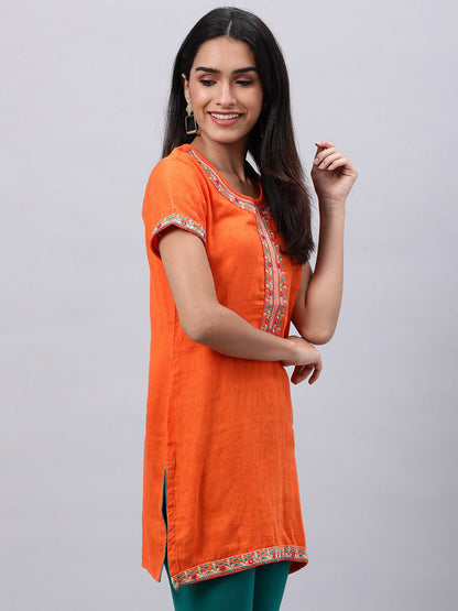 Souchii Orange Floral Embroidered Mirror Work Mirror Work Kurti