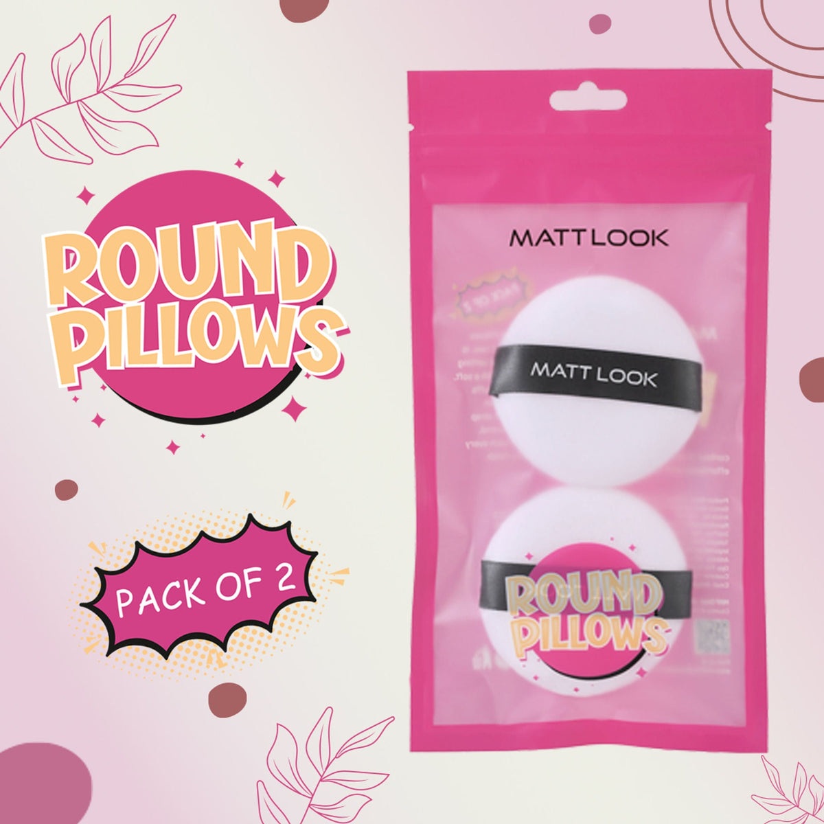 Matt Look Round Pillows Powder White Puff - Pack Of 2