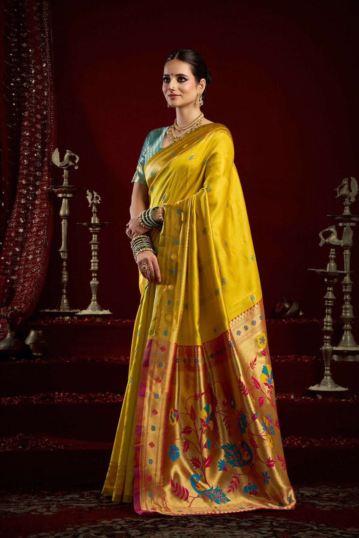 Joban Fashion Yellow Paithani Silk Blend Butti Saree