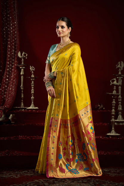 Joban Fashion Yellow Paithani Silk Blend Butti Saree