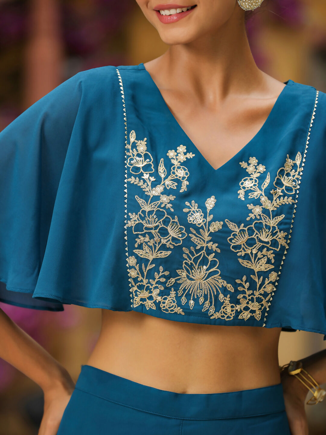 Janasya Teal Blue Georgette Yoke Embroidery Co-Ords