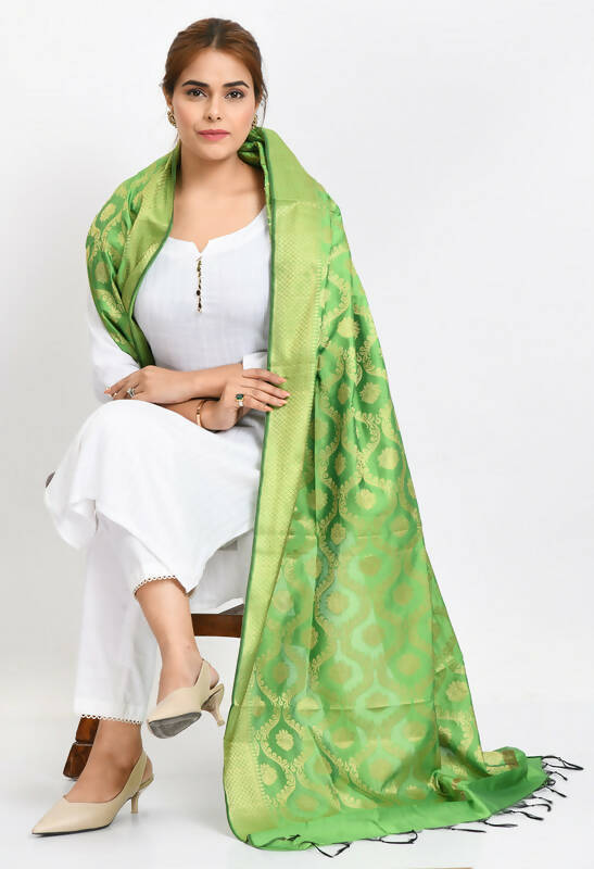 Mominos Fashion Moeza Women's Banarsi Silk All Over Woven Design Parrot Green Dupatta