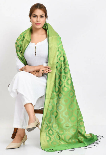 Mominos Fashion Moeza Women's Banarsi Silk All Over Woven Design Parrot Green Dupatta