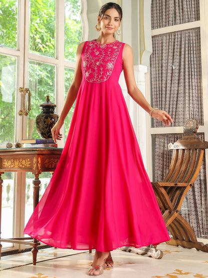 Janasya Pink Georgette Embroidered Dress & Cape