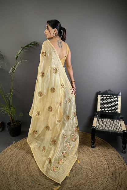 Joban Fashion Light Yellow Handloom Banarasi Organza Silk Khatali Butta Work Saree