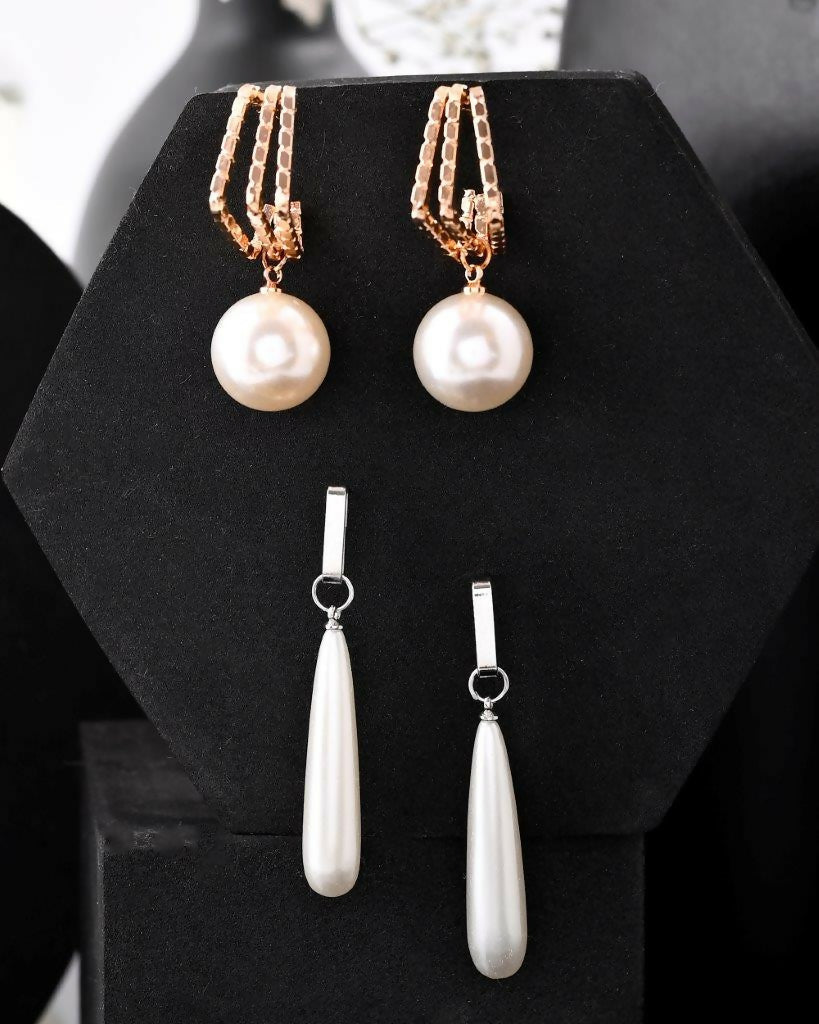 VOJ Set Of 2 Korean Drop Earrings - Gold-Polished and Silver Plated With White Pearl