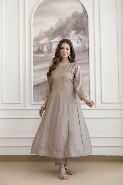 The52 Chiku Women's Beautiful Vichitra Silk Fabric Embroidered Work Flared Anarkali Pant and Dupatta Set