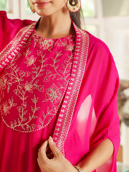 Janasya Pink Georgette Embroidered Dress & Cape