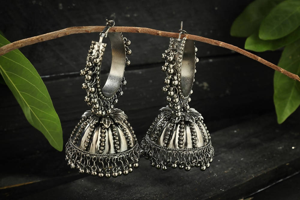 Mominos Fashion Johar Kamal Oxidised Silver-Plated With Ghungroo Jhumkas