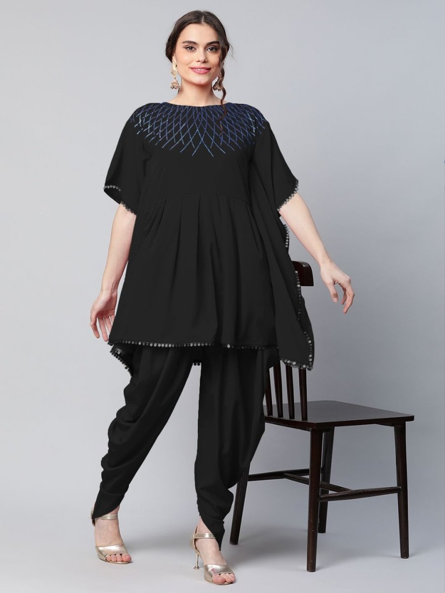 Ahalyaa Women Black Crepe Glitter Printed Kurta with Dhoti Pants