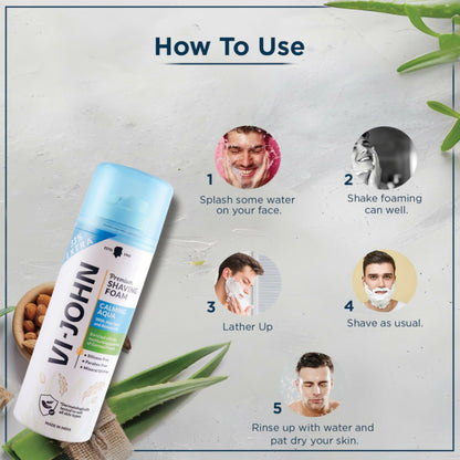 VI-JOHN Dermatologically Tested Premium Claming Aqua Shaving Foam Enriched with Aloevera & Almond Oil Free From Silicone, Paraben & Mineral Oil