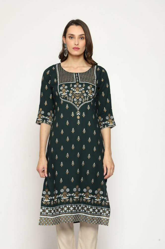 Maai Rayon Hand Printed Kurta Green