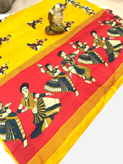 Vamika Latest Fashion Yellow Kalamkari With Jhalar Khadi Silk Saree