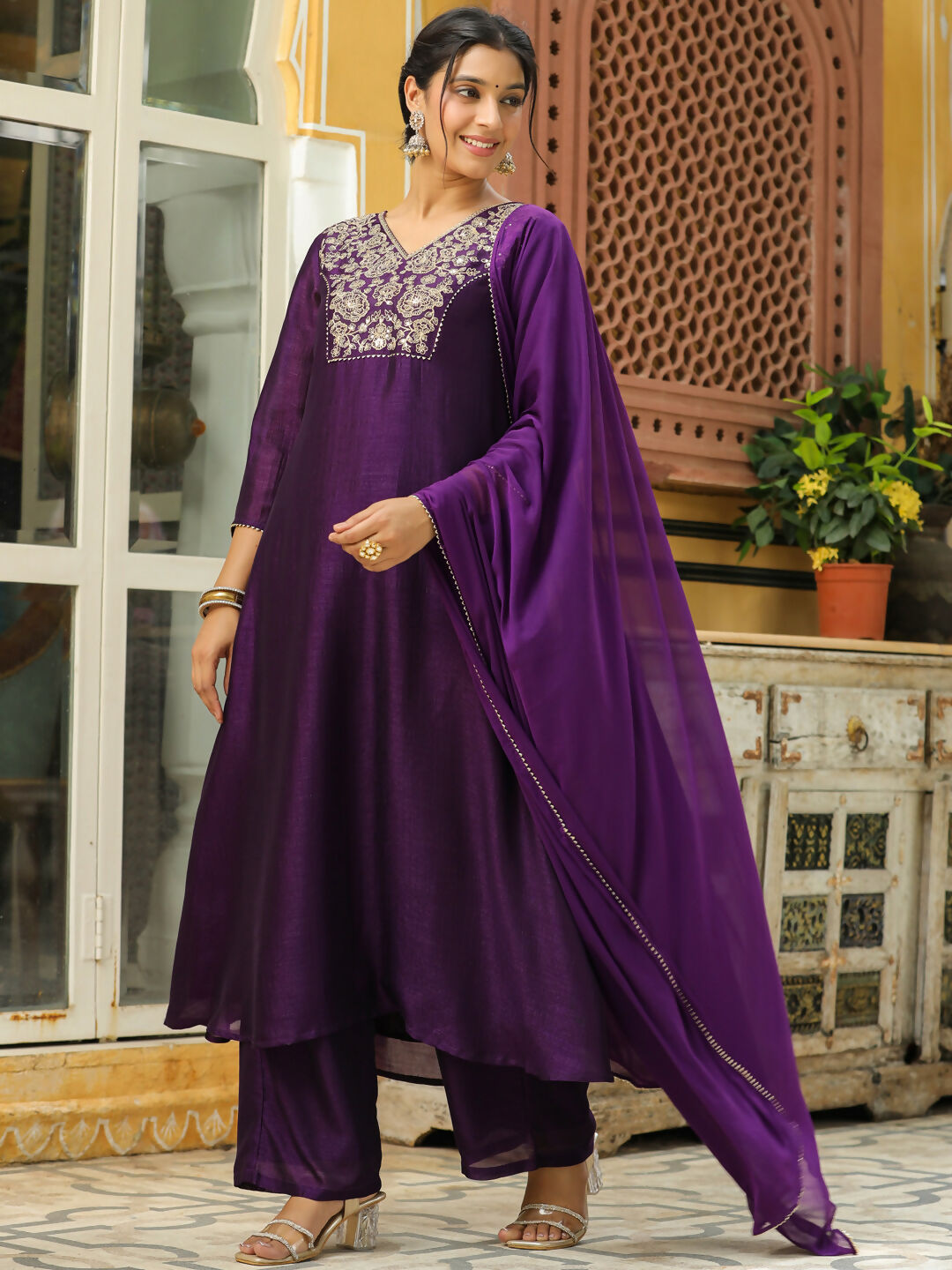 Janasya Purple Silk Blend Yoke Embroidery Kurta,Bottom & Dupatta