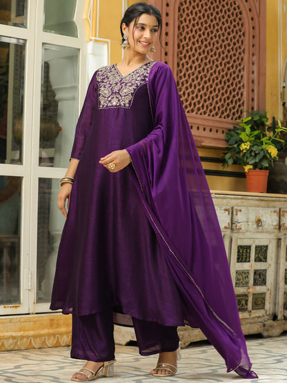 Janasya Purple Silk Blend Yoke Embroidery Kurta,Bottom & Dupatta