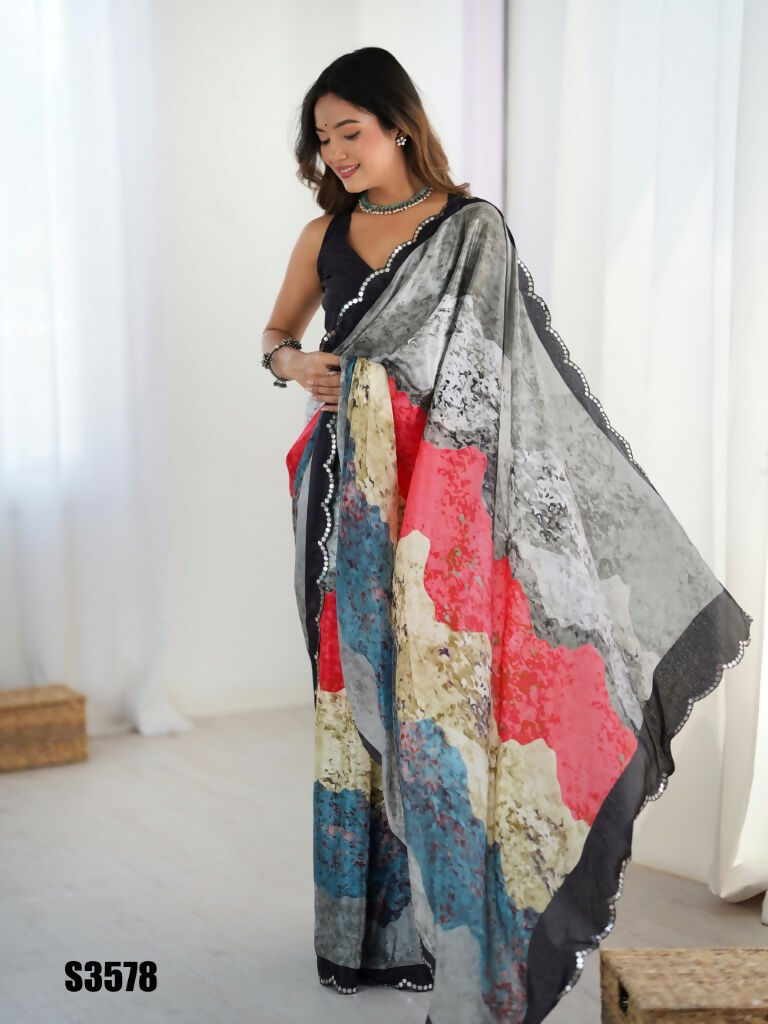 Grey Chinon Designer Digital Printed,Mirror Cut Work Saree - Sohni