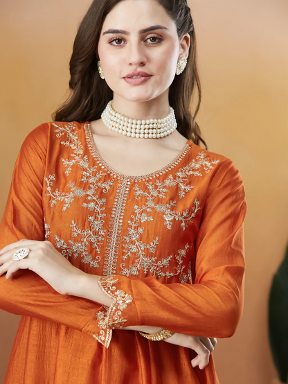 The52 Orange Women's Beautiful Vichitra Silk Fabric Embroidered Work Flared Anarkali Pant and Dupatta Set