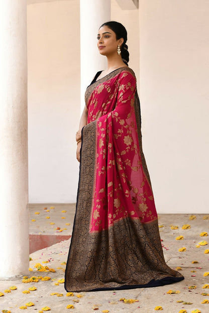 Joban Fashion Fuchsia Crepe Chiffon Pure Handloom Banarasi Silk Saree