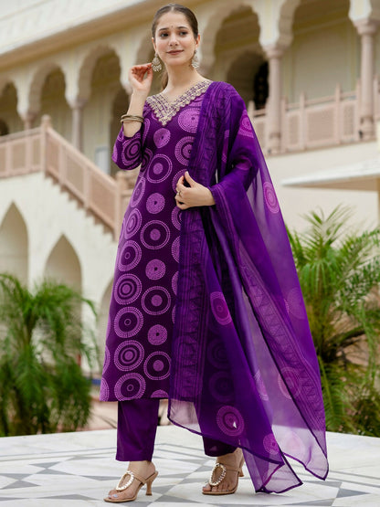 The52 Purple Women's Gorgeous Rayon Embroidered Straight Kurta with Pant And Dupatta Set