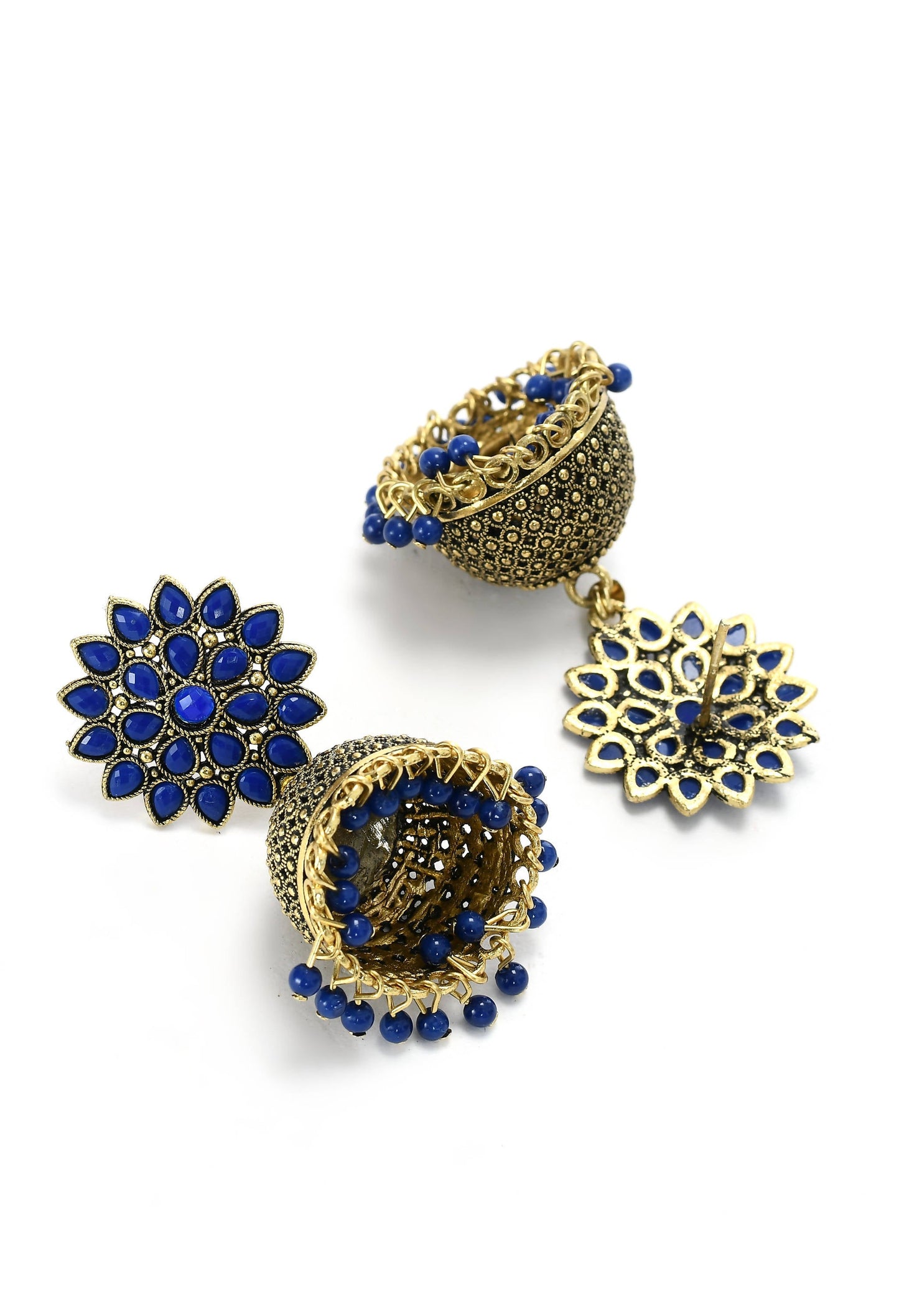 Mominos Fashion Johar Kamal Kundan Work Jhumka With Blue Beads For Women