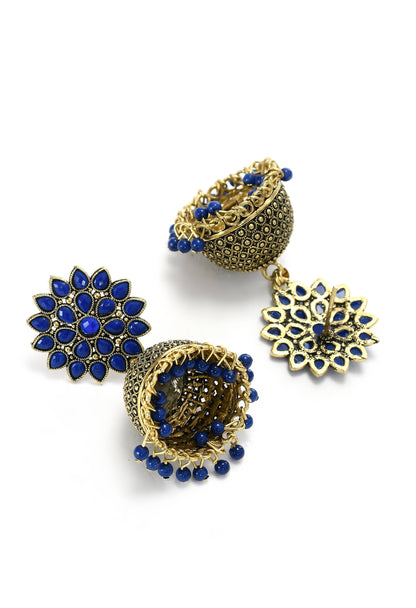 Mominos Fashion Johar Kamal Kundan Work Jhumka With Blue Beads For Women