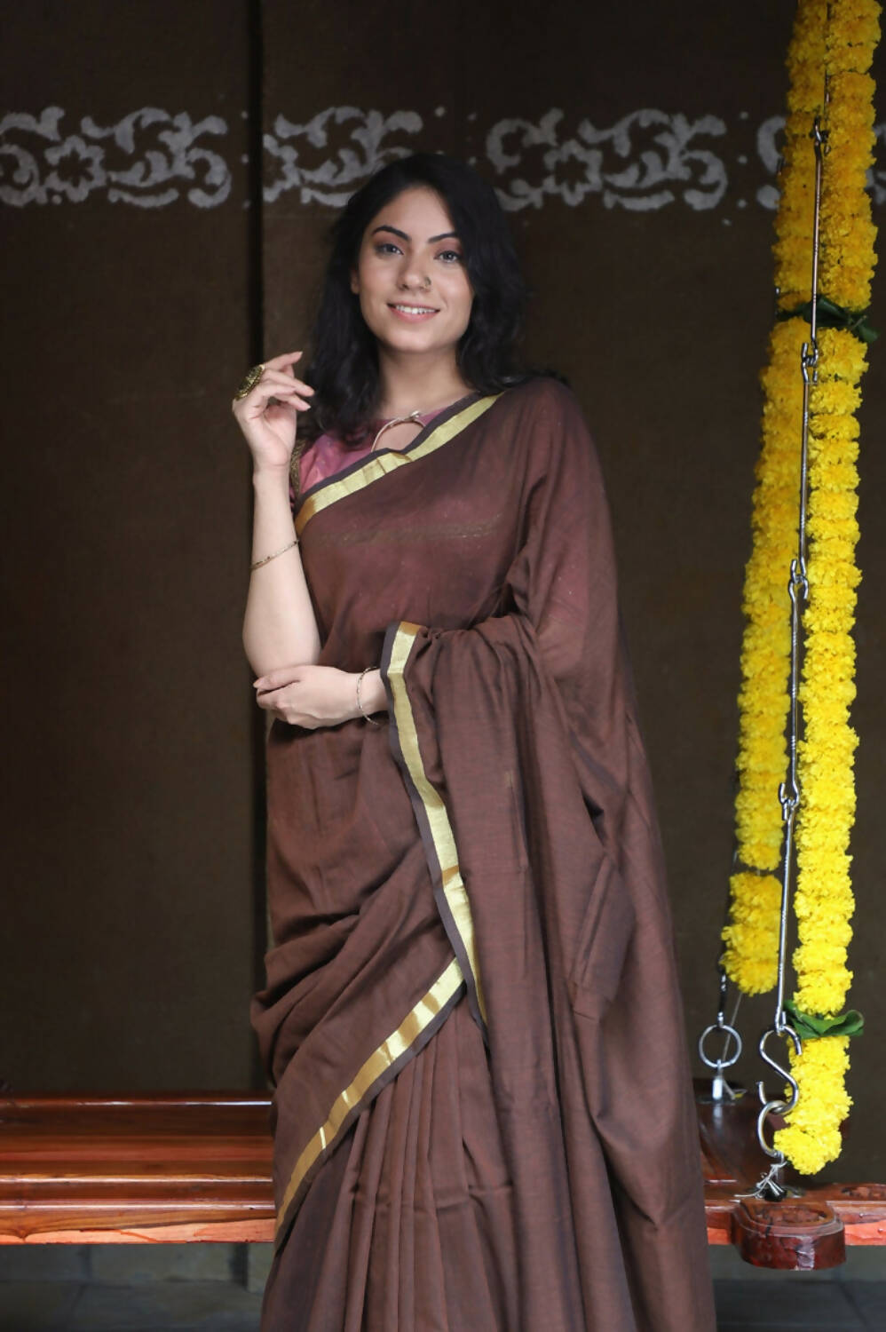 Very Much Indian Pure Cotton Handloom Saree With Intricate Borders - Brown
