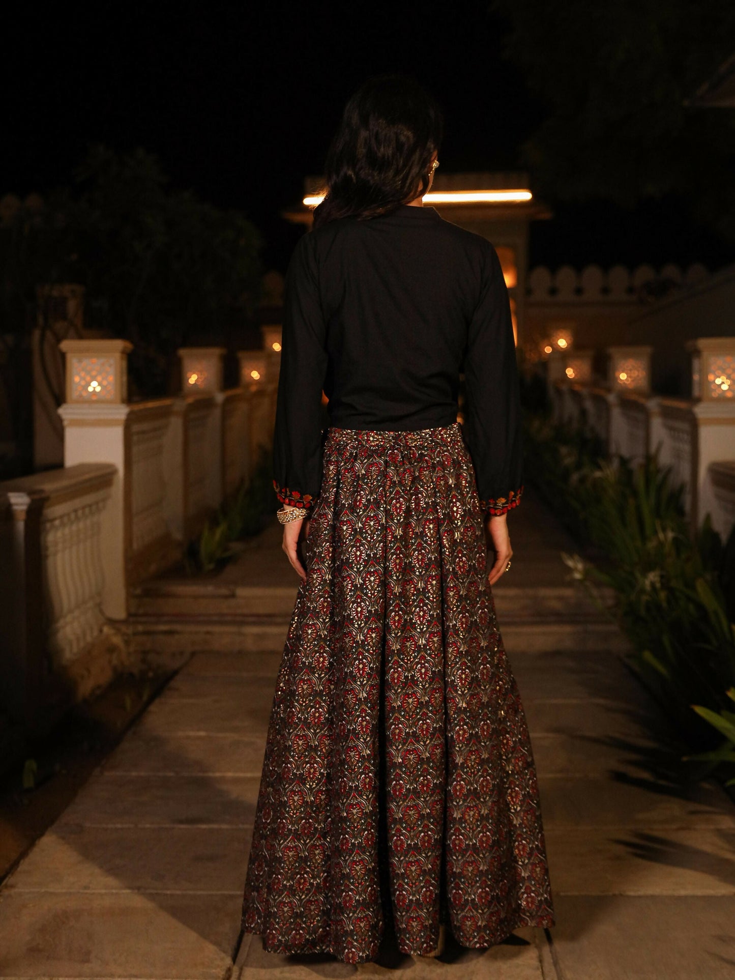 Juniper Women's The Rekha Chitra Black Thread Embroidered Rayon Top & Printed Skirt Set With Beads & Mirror Work