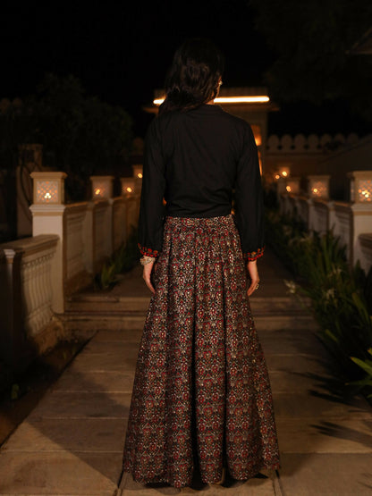 Juniper Women's The Rekha Chitra Black Thread Embroidered Rayon Top & Printed Skirt Set With Beads & Mirror Work