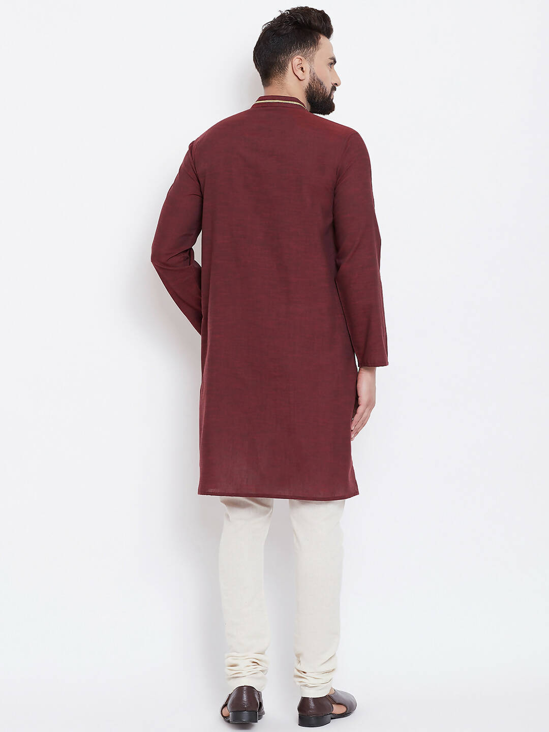 Even Apparels Maroon Pure Cotton Men's Kurta With Band Collar