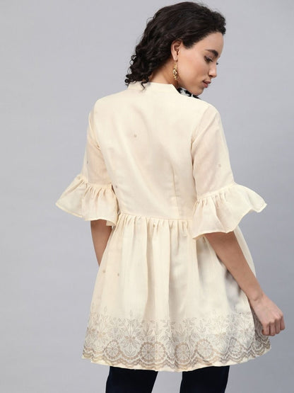 Ahalyaa Women Cream-Coloured Chanderi Ethnic Print Tunic