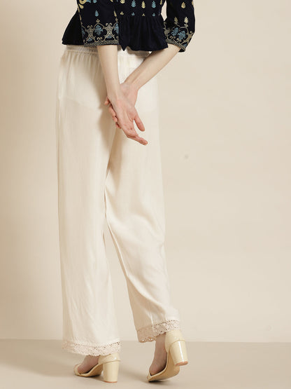 Juniper Women Ivory Rayon Solid Wide Leg Palazzo