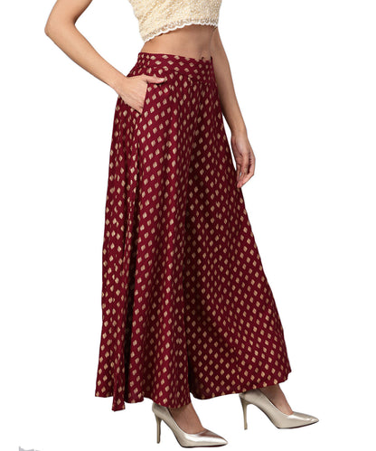 Juniper Women Maroon Rayon Printed Flared Palazzo