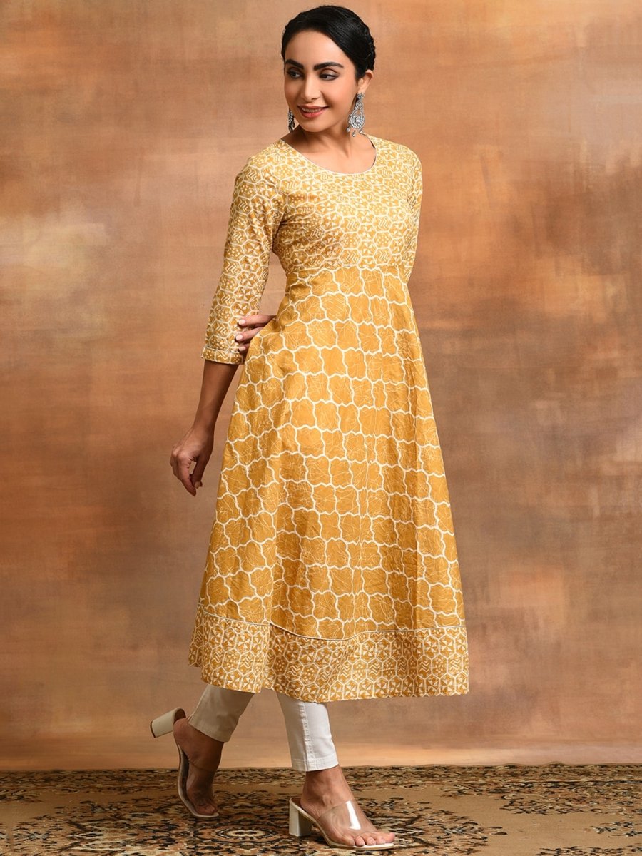 Aks Geometric Printed Cotton Anarkali Kurta
