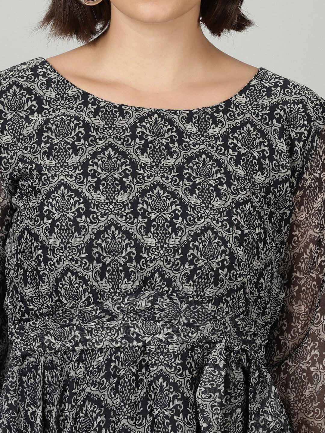 Souchii Women Grey & Black Ethnic Motifs Chiffon A-Line Midi Dress