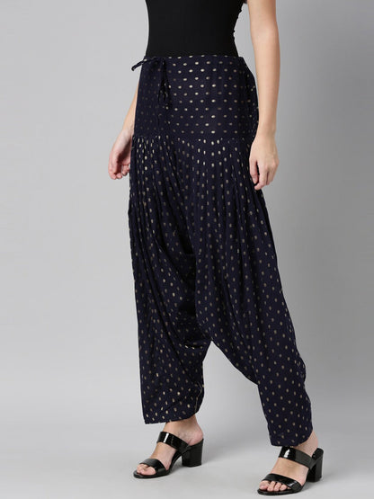 Souchii Navy Blue & Beige Woven-Design Pure Cotton Patiala