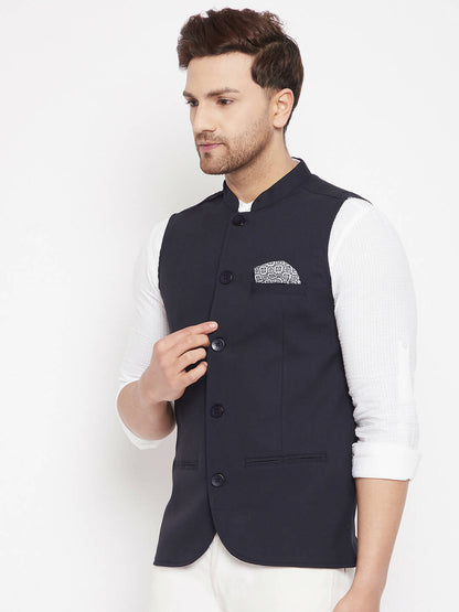 Even Apparels Navy Merino Men's Nehru Jacket-Contrast Lining-Inbuilt Pocket Square